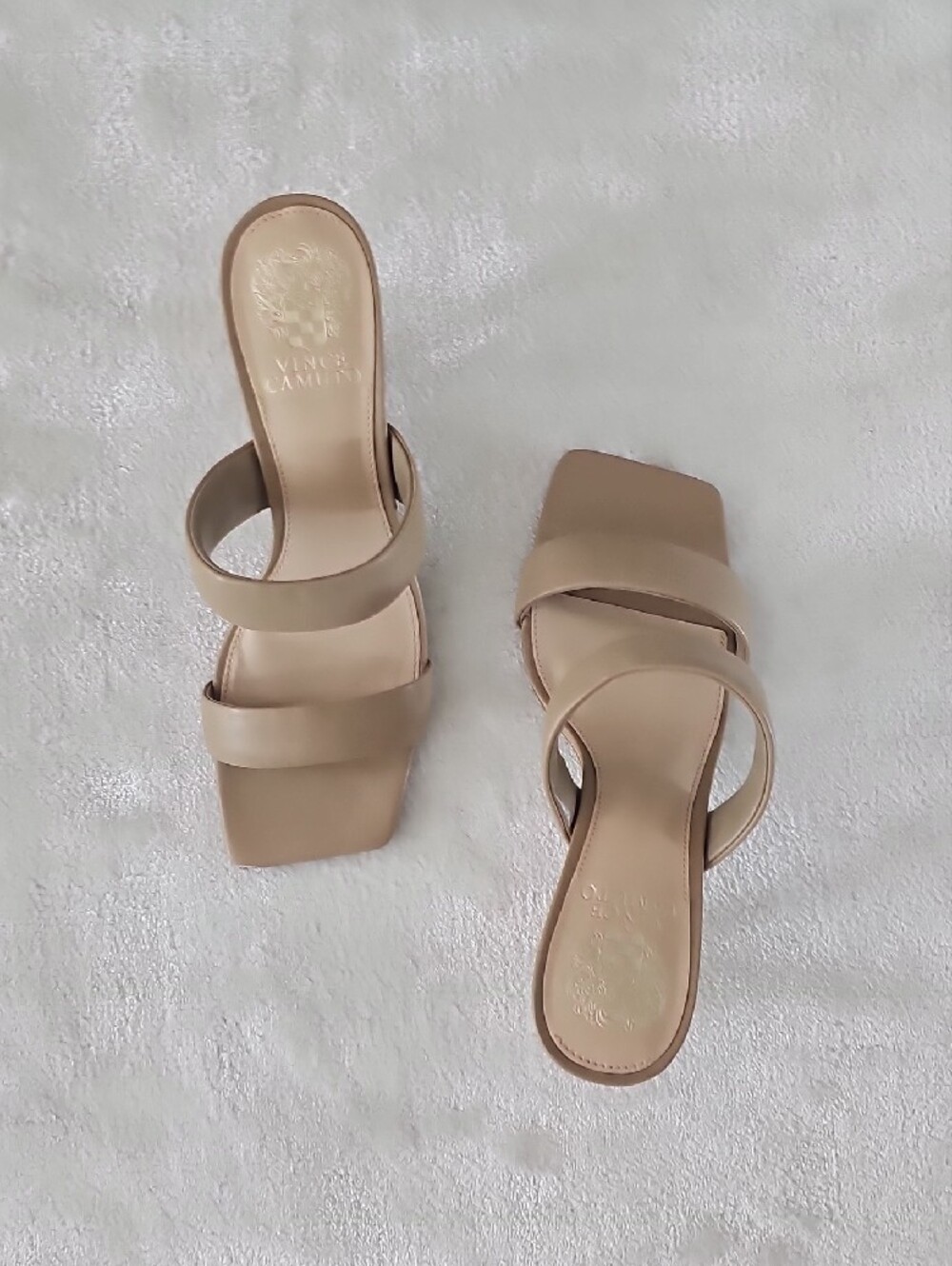Vince Camuto Nude/Tan Double-Strap Square-Toe Heeled Sandal